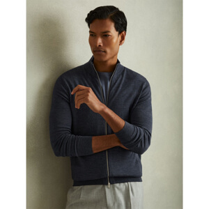 REISS HAMPSHIRE Merino Wool Zip Through Funnel Neck Cardigan